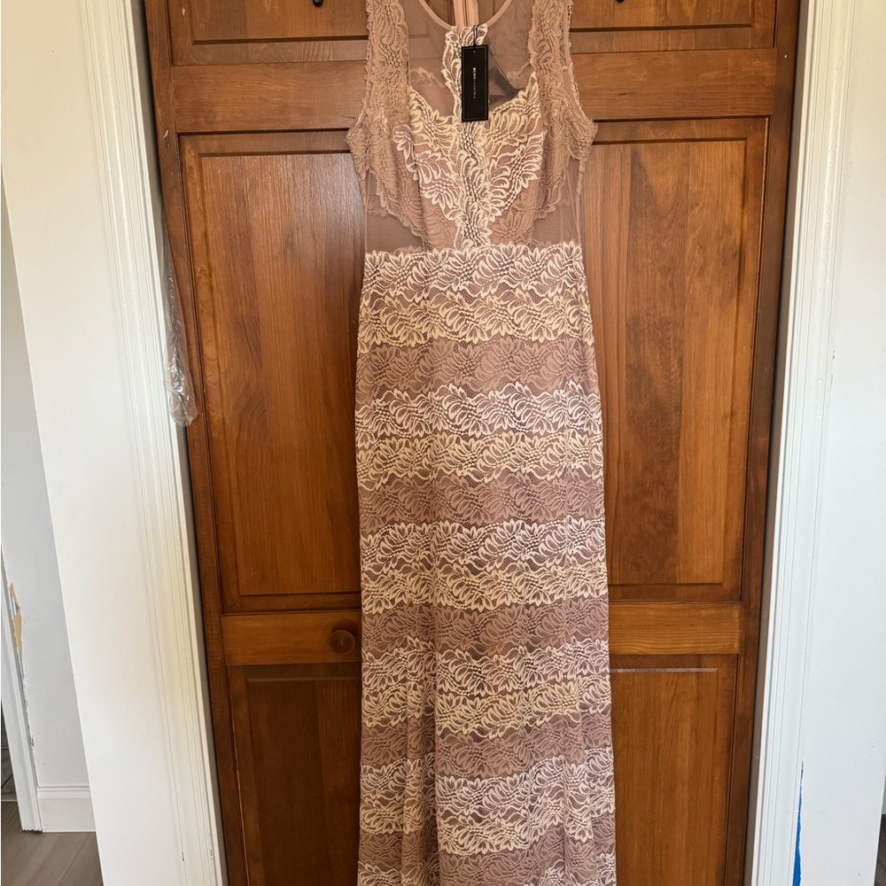NWT bcbgmaxazria pink blush, lace, and crochet maxi dress size 8